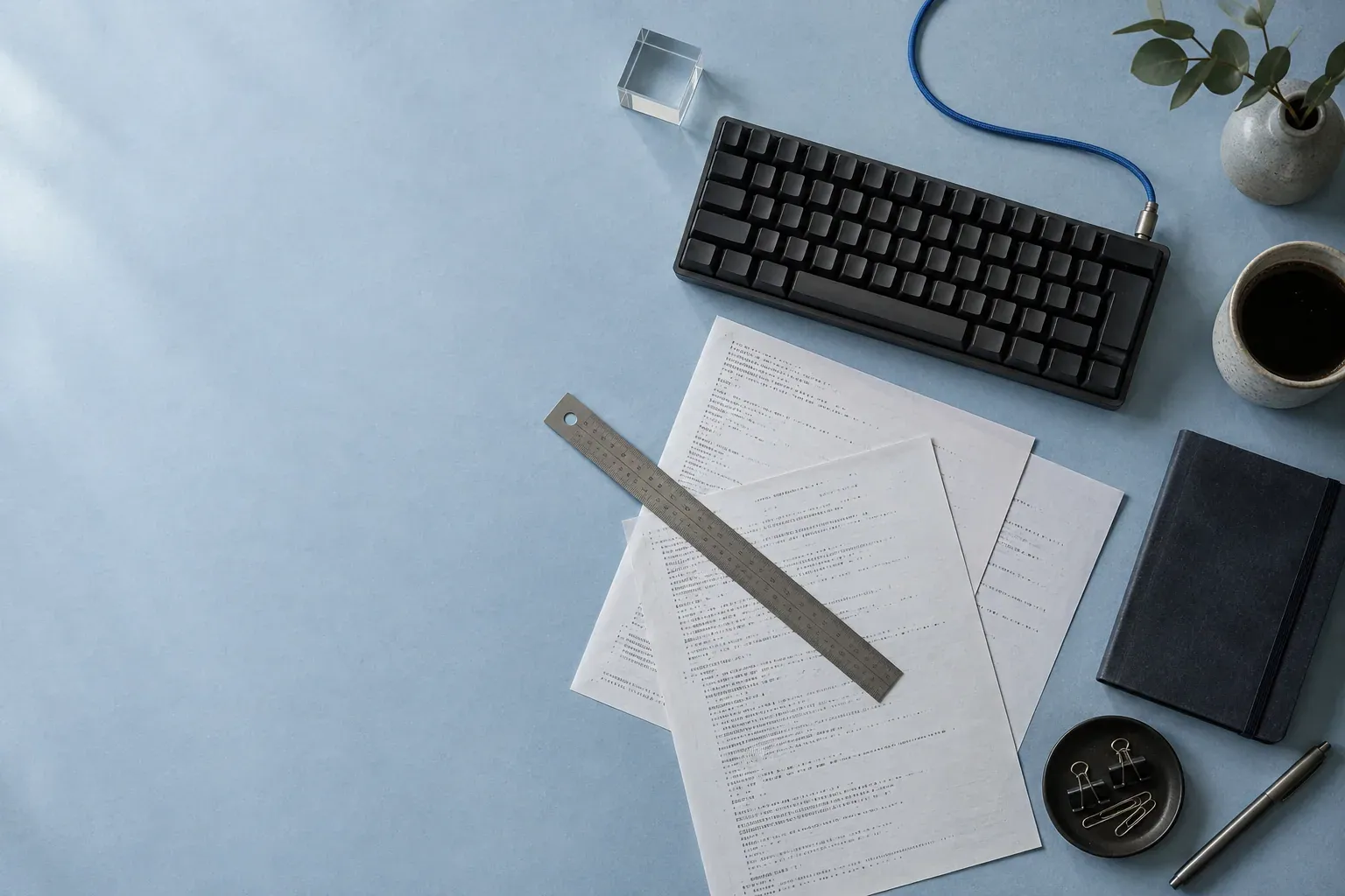 A developer workbench with a keyboard, printed code, a ruler, and a blue cable